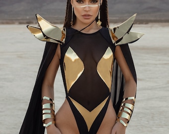 Gold Warrior Bodysuit with Cape – Festival Outfit | Burning Man Costume | Ravewear for Women | Black & Gold Bodysuit