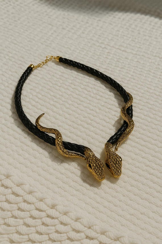 Gold Snake Choker Necklace – Black Braided Leather Statement