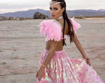 Holographic Pink Feather Skirt – Festival Wear, Burning Man Outfit, Rave Clothing, Showgirl Costume, Sparkling Party Skirt