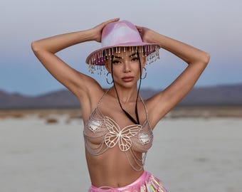 Ketten-Schmetterling-Top & Pailletten-Fransen-Rock im Set - Pinkes Festival-Outfit, Burning-Man-Look, Rave-Cowgirl als 3-Teiler oder einzeln