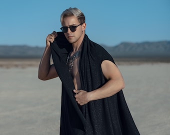 Black Gold Men’s Festival Set – Snake Print Harem Pants, Draped Cape & Tribal Necklace | Burning Man Outfit Festival clothing for men