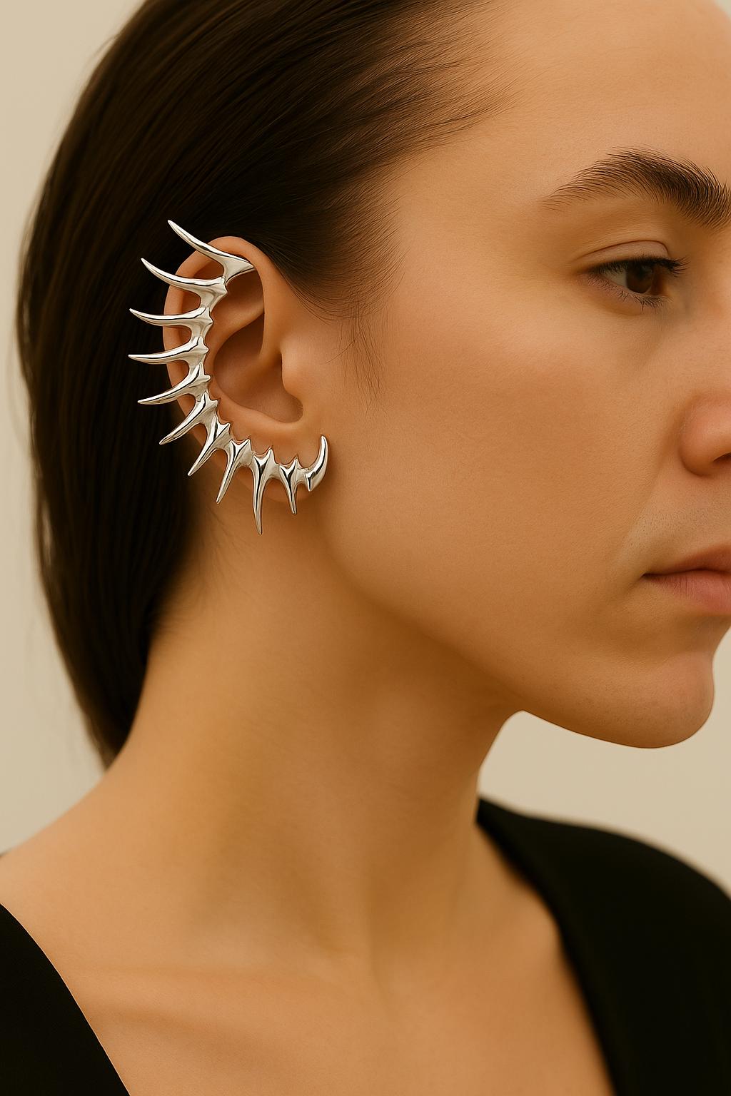 Silver Spike Wing Ear Cuff – Statement Dragon Claw Earcuff, Gothic