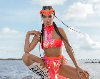 3-teiliges Rave-Set mit Crop-Top, hochgeschlitztem Rock & Höschen | Brennende Kleidung, EDM Outfit, Beach Rave Wear