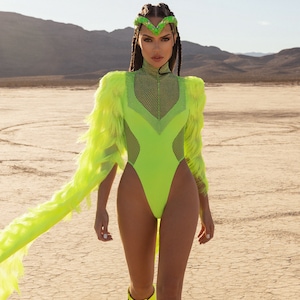 Neon Green Rhinestone Tassel Festival Bodysuit with Fur Sleeves - Burning Man Rave Outfit - Festival outfit - EDM outfit