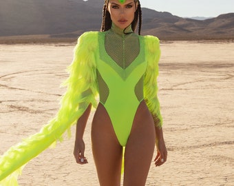 Damen NEON Green RHINESTONES Quasten Zenma Art BODYSUIT Kleid für besondere Anlässe - Bequemer Reißverschluss Bodysuit