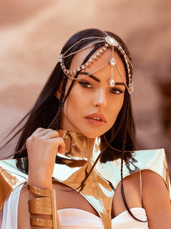 Gold Rhinestone Headchain With Teardrop Pendant – Festival  display picture 2