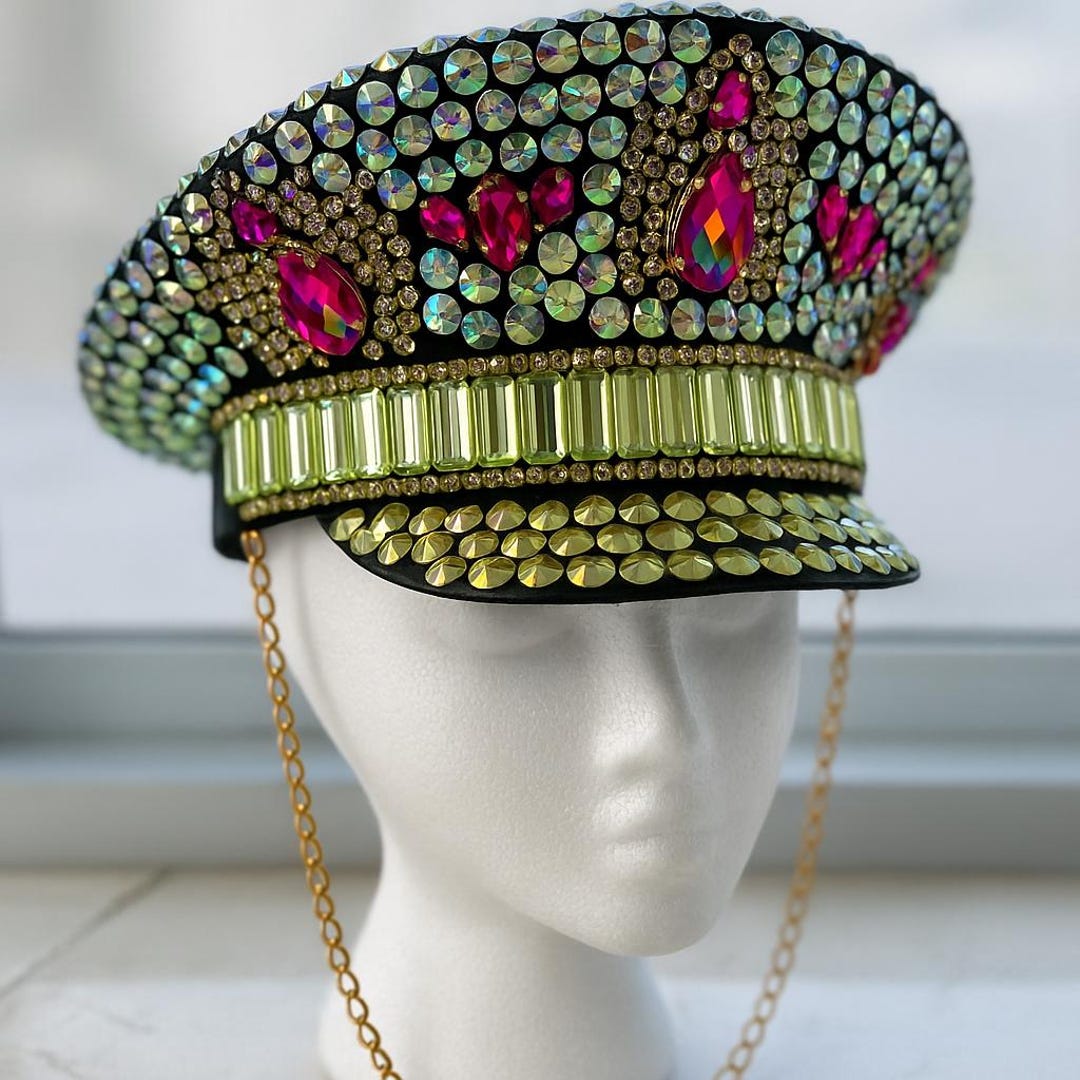 Dolls kill cheetah rave festival captains hat bling spikes rhinestones biker Leopard Print Rivet Sequin Crystal Military Cap Festival  main image 4