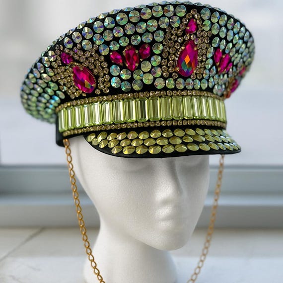 Rave captain hat bedazzle rhinestone costume Silver and Black Rhinestone Hat / Sequin Hat / Party Captain  main image 4