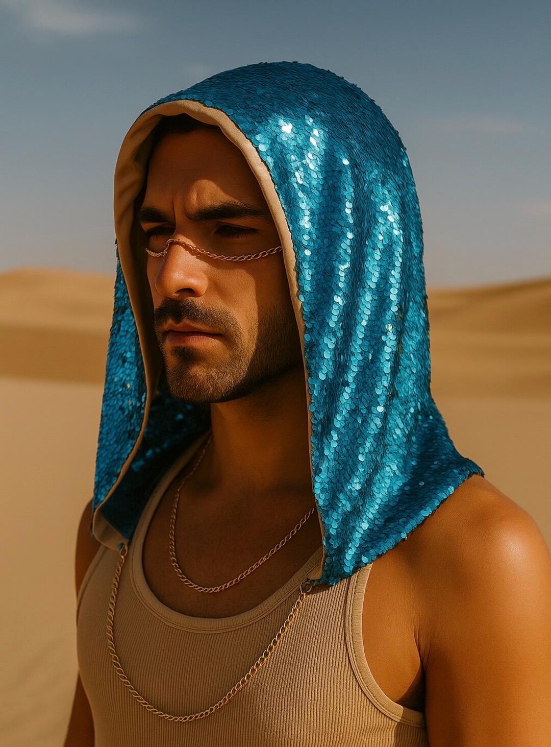 Blue Sequin Festival Hood – Unisex Chain Hooded Cape for  display picture 1