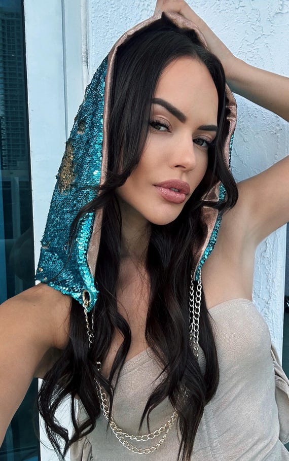 Blue Sequin Festival Hood – Unisex Chain Hooded Cape for  display picture 1