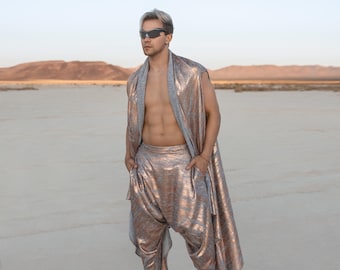 Bronze Men’s Festival Set – Metallic Harem Pants & Draped Cape | Burning Man Outfit | Futuristic Desert Wear for Him
