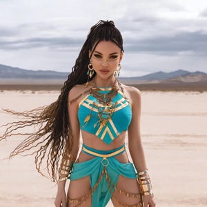 Disfraz de diosa turquesa para festival, atuendo bohemio gitano para Burning Man, estilo desértico con flecos y cadena dorada, vestido tribal bohemio de guerrero o ropa para fiesta