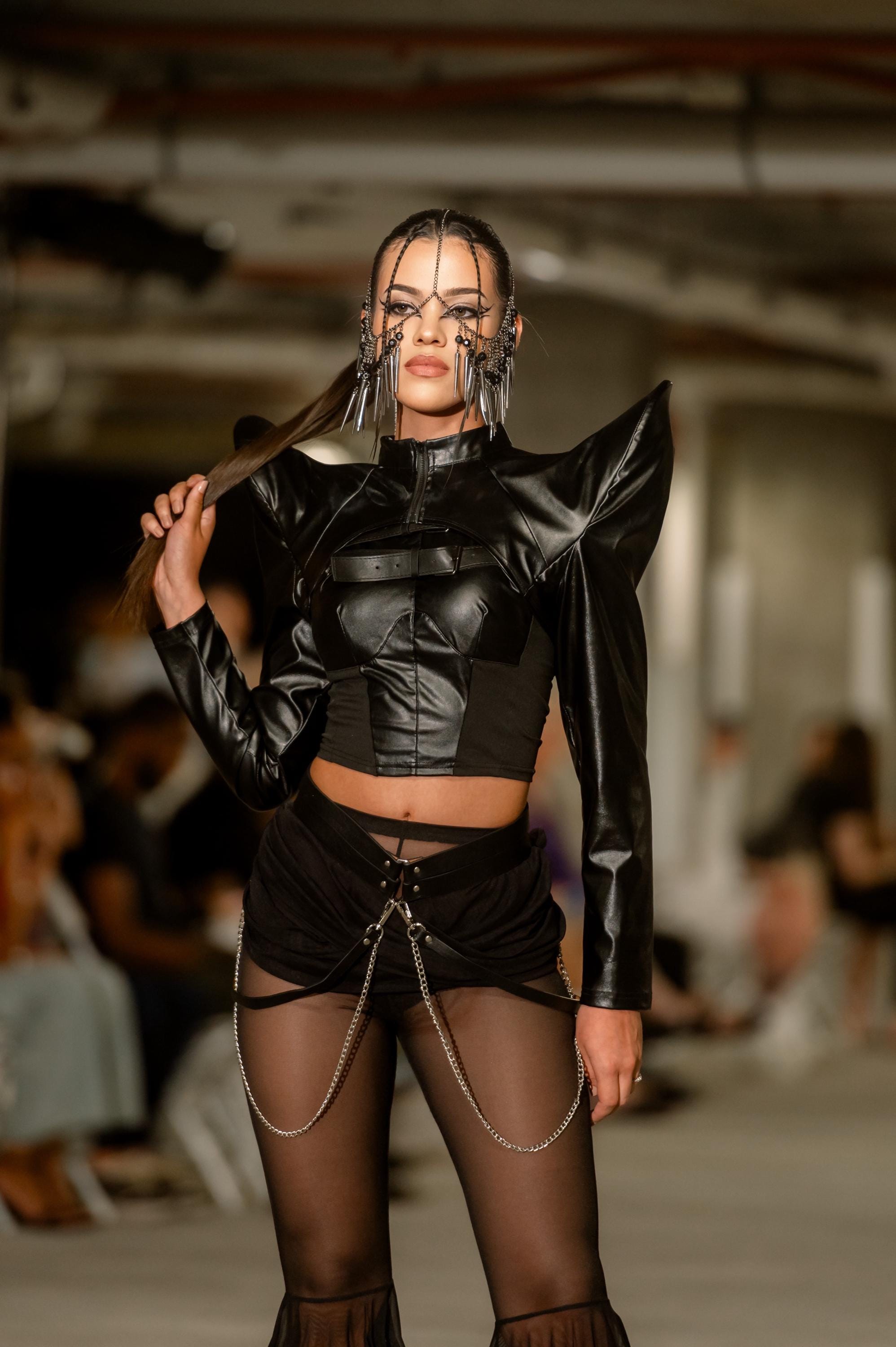 Futuristic Black Mesh Bell Bottom Pants – Festival Rave Pants with Chains, Sheer Leggings & Cyberpunk Style