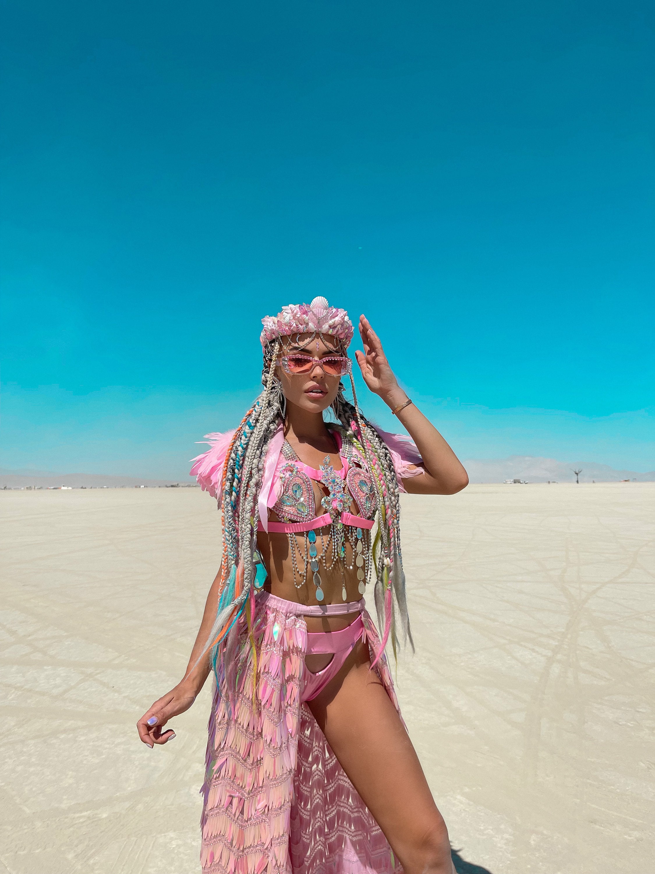 Pink Feathered Festival Costume With Rhinestone Details and 