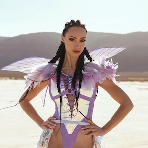 Fairy Queen Holographic Bodysuit – Purple Festival Costume with Wings, Feathers & Iridescent Tails EDM Rave outfit Burning man costume