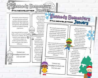 May include: A black and white illustrated newsletter for Kennedy Elementary School. The newsletter features a winter theme with snowflakes and igloos. The newsletter includes information about upcoming school events, such as a back-to-school picnic, book fair, and a get-to-know the teachers event. The newsletter also includes contact information for the school.