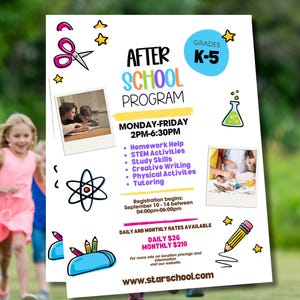 Puede incluir: Un folleto colorido que anuncia un programa extracurricular para los grados K-5. El folleto presenta unas tijeras de dibujos animados, un vaso de precipitados, un lápiz y un átomo. El programa se lleva a cabo de lunes a viernes de 2 pm a 6:30 pm y ofrece ayuda con la tarea, actividades STEM, habilidades de estudio, escritura creativa, actividades físicas y tutoría. El folleto también incluye las tarifas diarias y mensuales del programa.