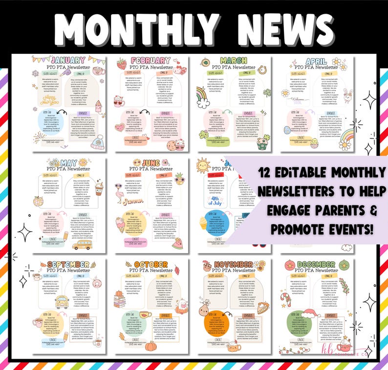 Puede incluir: Doce boletines mensuales editables dise&ntilde;ados para ayudar a involucrar a los padres y promover eventos. Cada bolet&iacute;n presenta un mes diferente del a&ntilde;o con una ilustraci&oacute;n colorida y espacio para texto.