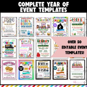 Puede incluir: Un collage de plantillas de eventos imprimibles coloridas para un a&ntilde;o escolar. Las plantillas presentan varios eventos como una fiesta de primavera, una jornada de puertas abiertas de regreso a la escuela, un tronco o un trato, una noche de padres, un intercambio de galletas, un festival de camiones de comida, una b&uacute;squeda de huevos de Pascua, una feria de artesan&iacute;a navide&ntilde;a, muffins con mam&aacute;, una feria de libros y una fiesta de regreso a la escuela. El texto "&iexcl;M&aacute;s de 50 plantillas de eventos editables!" se muestra en una pancarta rosa.