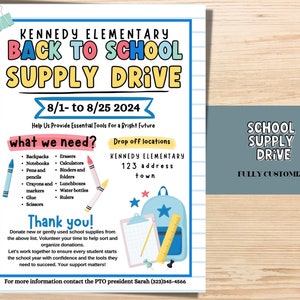 Schulbedarf Drive Flyer VORLAGE, bearbeitbar Zurück zur Schule Flyer, PTA-Vorlage PTO-Vorlage. Zurück zur Schulveranstaltung.
