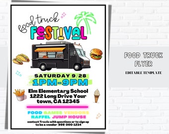 Food Truck Flyer | Food Truck FESTIVAL TEMPLATE, Editable SummerFundraiser, Fair flyer, Event Flyers.  FundraiserFlyer