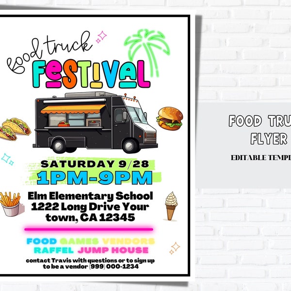Food Truck Flyer | Food Truck FESTIVAL TEMPLATE, Editable SummerFundraiser, Fair flyer, Event Flyers.  FundraiserFlyer