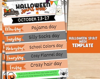 Halloween Spirit Week TEMPLATE, Editable Autumn Spirit Week Flyer, PTA Template School Event. Teacher Flyers. School Spirit Week.