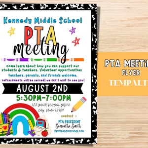 PTA Meeting Flyer Template |  Join the PTA  | PTO Editable school template. Back to school event.