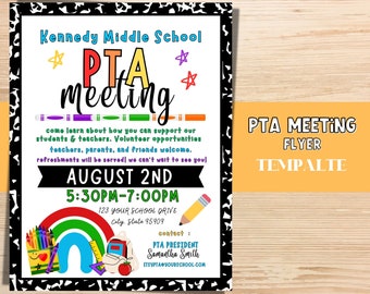 PTA Meeting Flyer Template |  Join the PTA  | PTO Editable school template. Back to school event.