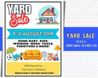 Editable YARD SALE Flyer TEMPLATE, Garage Sale Flyer, Neighborhood Yard Sale, Rummage Sale, Printable Yard sale Sign, summer flyer template