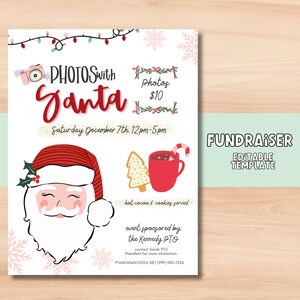 以下が含まれることがあります： サンタとの写真撮影の資金調達イベントの告知チラシ。チラシには、赤い帽子と白いひげを生やしたサンタクロースの漫画、赤いマグカップのホットココア、ジンジャーブレッドクッキーが描かれています。チラシのテキストには、「サンタとの写真撮影」、「12月7日土曜日、午後12時～午後5時」、「写真10ドル」、「ホットココアとクッキーをご用意」、「ケネディPTOが後援」、「PTAMOM SCHOOL.NET (999) 000-1234」と記載されています。