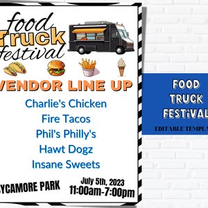 May include: A black and white striped poster with the text "food truck festival" in large, bold letters. The poster advertises a food truck festival with a vendor lineup including Charlie's Chicken, Fire Tacos, Phil's Philly's, Hawt Dogz, and Insane Sweets. The event will take place at Sycamore Park on 5th July 2023 from 11:00am to 7:00pm.