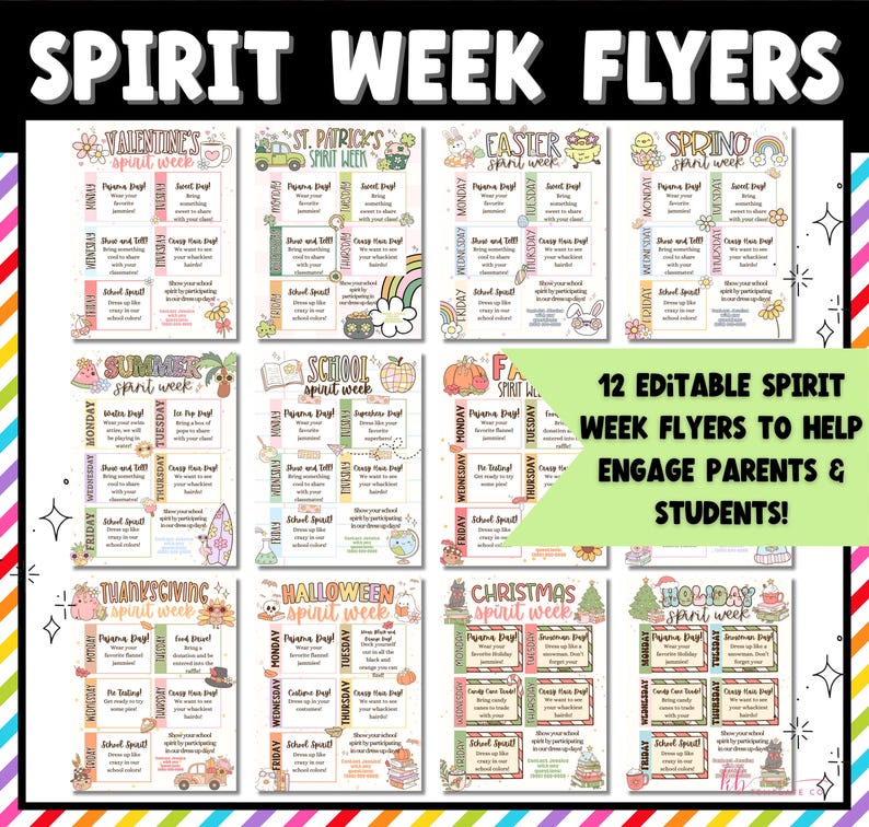 Puede incluir: Doce folletos imprimibles para la semana del esp&iacute;ritu escolar. Cada folleto presenta un tema festivo diferente, que incluye el D&iacute;a de San Valent&iacute;n, el D&iacute;a de San Patricio, Pascua, Primavera, Verano, Escuela, Oto&ntilde;o, Acci&oacute;n de Gracias, Halloween, Navidad y Festividades. Cada folleto incluye un cronograma de actividades para la semana, como el d&iacute;a de la pijama, el d&iacute;a de disfrazarse y el d&iacute;a del esp&iacute;ritu escolar.
