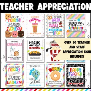 Puede incluir: Un conjunto de 50 carteles de agradecimiento para profesores y personal imprimibles con fondos coloridos e ilustraciones divertidas con tem&aacute;tica de comida. Los carteles incluyen frases como "Chip Chip Hooray!" y "You Mean the World to Our School".