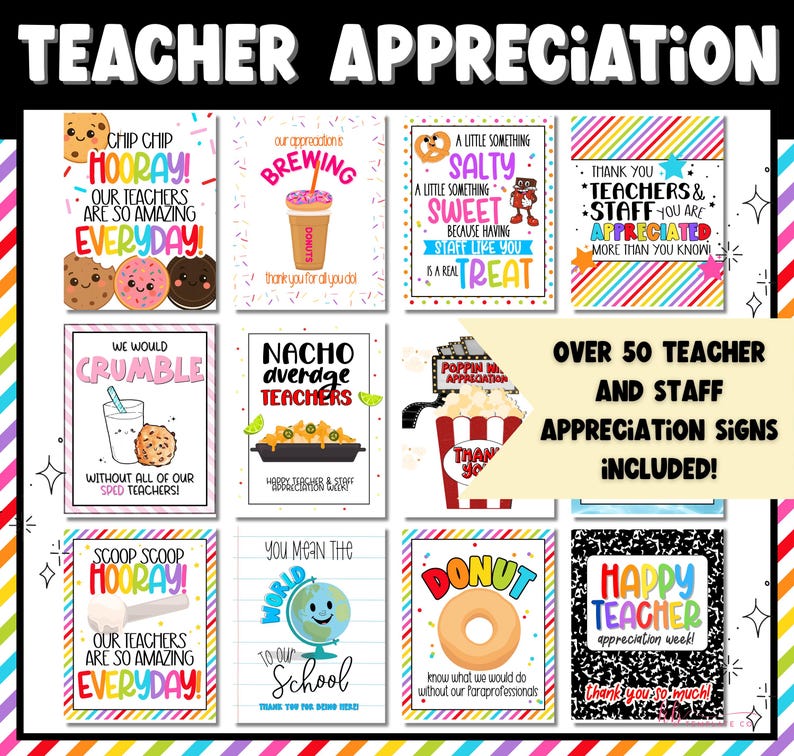 Puede incluir: Un conjunto de 50 carteles de agradecimiento para profesores y personal imprimibles con fondos coloridos e ilustraciones divertidas con tem&aacute;tica de comida. Los carteles incluyen frases como "Chip Chip Hooray!" y "You Mean the World to Our School".
