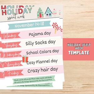 Holiday Spirit Week TEMPLATE, Editable Winter Spirit Week Flyer, PTA Template School Event. Teacher Flyers. School Spirit Week.