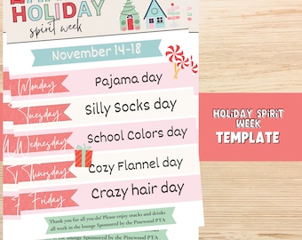 Vakantiegeestweeksjabloon, bewerkbare wintergeestweekflyer, PTA-sjabloon schoolevenement. Lerarenfolders. Week van de schoolgeest.