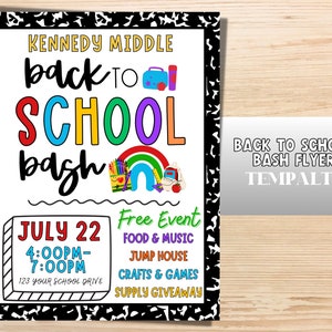 Back to School Bash Flyer |  Editable Back to school flyer | Printable School flyer | PTA Template PTO template. Back to school event.