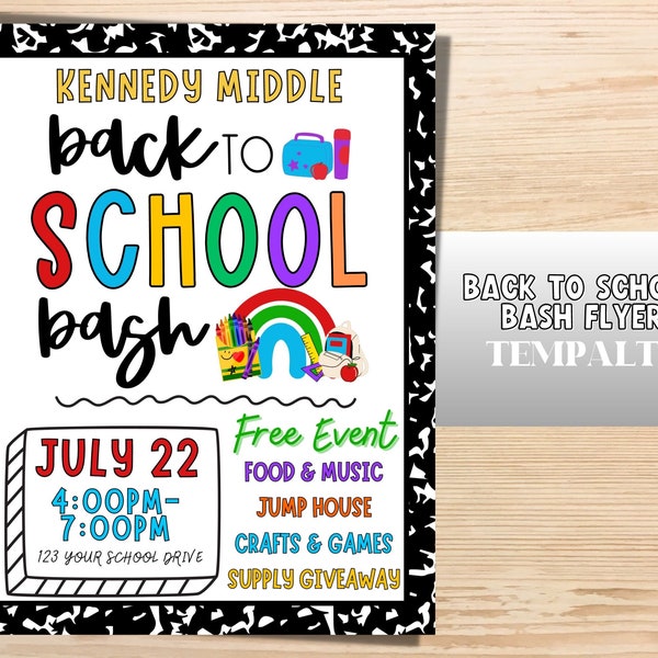 Back to School Bash Flyer |  Editable Back to school flyer | Printable School flyer | PTA Template PTO template. Back to school event.