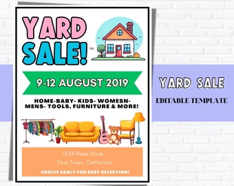 YARD SALE Flyer TEMPLATE, Garage Sale Flyer, Neighborhood Yard Sale, Rummage Sale,  Printable Yard sale Sign, summer flyer template