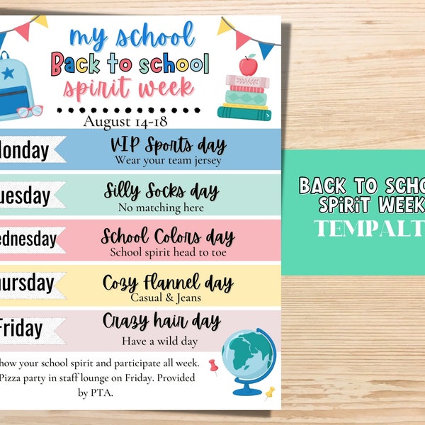 School Spirit week TEMPLATE, Editable Back to school flyer, PTA Template Back to school event. Teacher Flyers. Back to school spirit week.