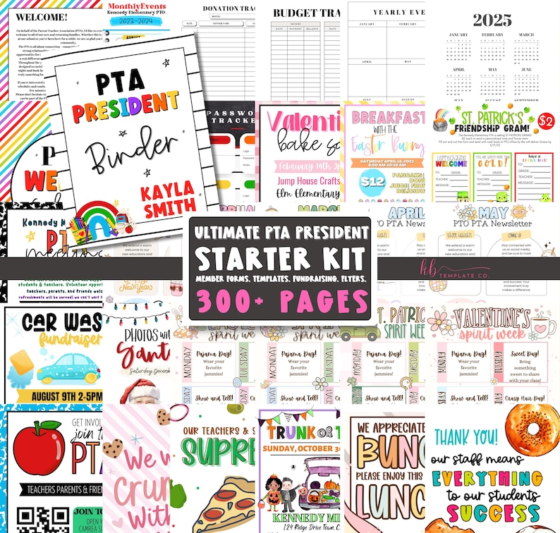 Puede incluir: Un collage de im&aacute;genes coloridas que promocionan un kit de inicio para presidente de la APA con m&aacute;s de 300 p&aacute;ginas de plantillas, formularios e ideas de recaudaci&oacute;n de fondos. El kit incluye una variedad de temas, como el D&iacute;a de San Valent&iacute;n, el D&iacute;a de San Patricio y un evento de Trunk or Treat.