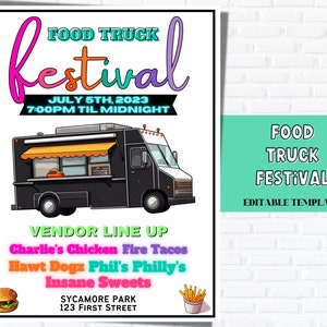 Neon Food Truck Flyer | Food Truck FESTIVAL TEMPLATE, Editable SummerFundraiser, Fair flyer, Event Flyers.  FundraiserFlyer