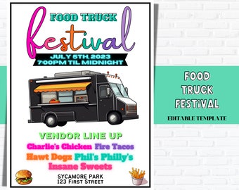 Neon Food Truck Flyer | Food Truck FESTIVAL TEMPLATE, Editable SummerFundraiser, Fair flyer, Event Flyers.  FundraiserFlyer