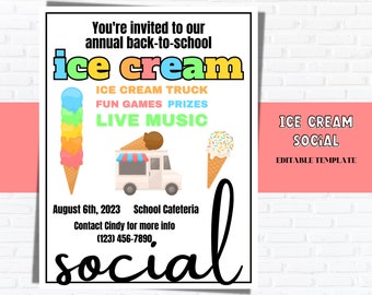 Back to school Bright Ice Cream Social Flyer TEMPLATE, Summer flyer, Summer fundraiser, PTA PTO Flyers, Fundraiser flyer, Sundae Flyer
