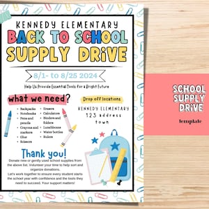 Back to School Supply Drive Flyer TEMPLATE, Editable Back to school flyer, PTA Template PTO template. Back to school event.