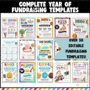 Puede incluir: Un collage colorido de 12 flyers diferentes para eventos de recaudaci&oacute;n de fondos. Los flyers presentan varios temas, que incluyen helado, carrera divertida, rifa, pizza, masa, gramos de mu&ntilde;eco de nieve, guerras de centavos, lavado de autos, bingo, noche de padres, masa para galletas, fotos con Santa y huevo en mi jard&iacute;n. El texto en los flyers incluye el nombre del evento, la fecha, la hora, la ubicaci&oacute;n y el precio. Todos los flyers est&aacute;n dise&ntilde;ados en un estilo brillante y alegre.