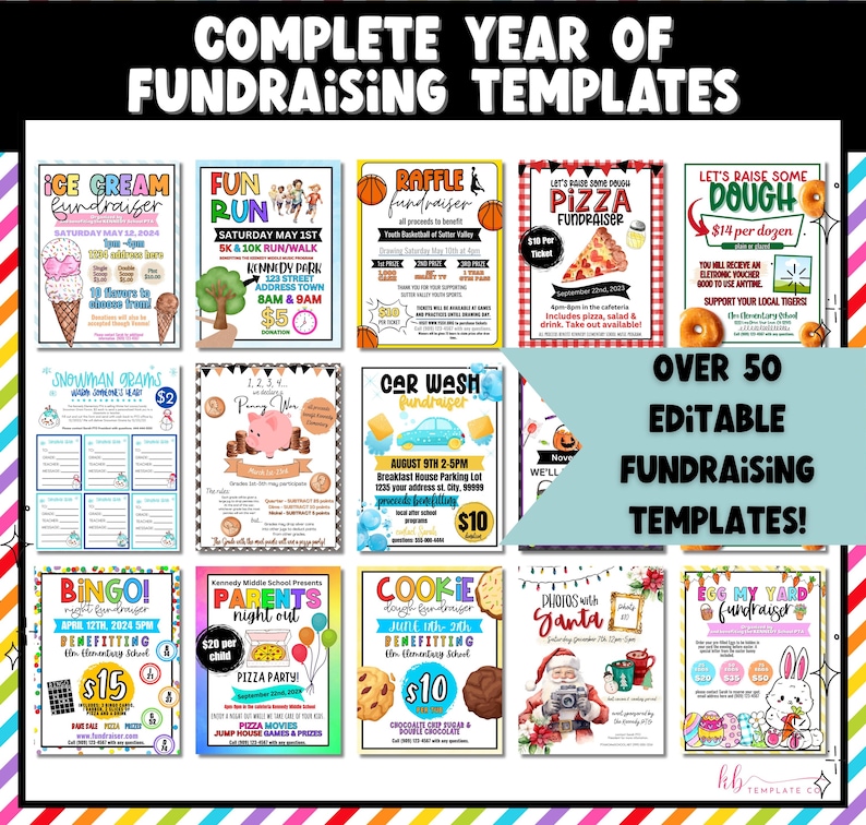 Puede incluir: Un collage colorido de 12 flyers diferentes para eventos de recaudaci&oacute;n de fondos. Los flyers presentan varios temas, que incluyen helado, carrera divertida, rifa, pizza, masa, gramos de mu&ntilde;eco de nieve, guerras de centavos, lavado de autos, bingo, noche de padres, masa para galletas, fotos con Santa y huevo en mi jard&iacute;n. El texto en los flyers incluye el nombre del evento, la fecha, la hora, la ubicaci&oacute;n y el precio. Todos los flyers est&aacute;n dise&ntilde;ados en un estilo brillante y alegre.