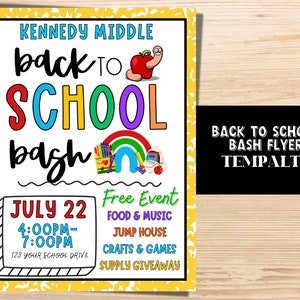 Back to School Bash Flyer | Bearbeitbar Zurück zur Schule Flyer | Druckbare Schulflyer | PTA Vorlage PTO Vorlage. Zurück zur Schulveranstaltung.
