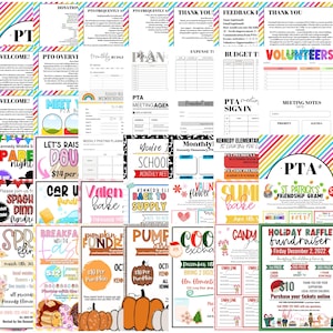 Puede incluir: Un collage de folletos coloridos para los eventos de la Asociaci&oacute;n de Padres de Familia (PTA) de una escuela. Los folletos presentan varios temas, incluyendo recaudaci&oacute;n de fondos, reuniones y eventos escolares. Algunos de los eventos incluyen una cena de espaguetis para recaudar fondos, una recaudaci&oacute;n de fondos de calabazas, un intercambio de galletas y una rifa navide&ntilde;a. Los folletos est&aacute;n decorados con gr&aacute;ficos y texto coloridos.